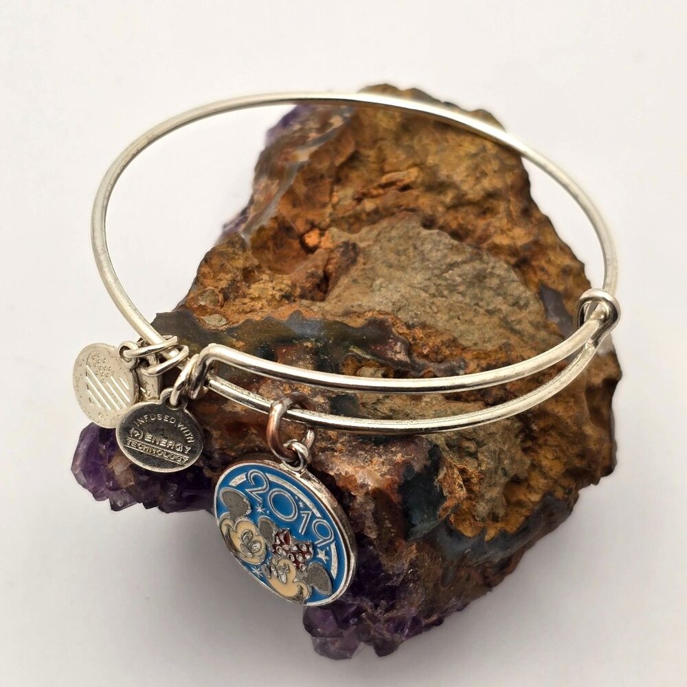 Disney Alex And Ani 2019 Minnie & Mickey Mouse Silver Charm Bangle Bracelet - Picture 2 of 5